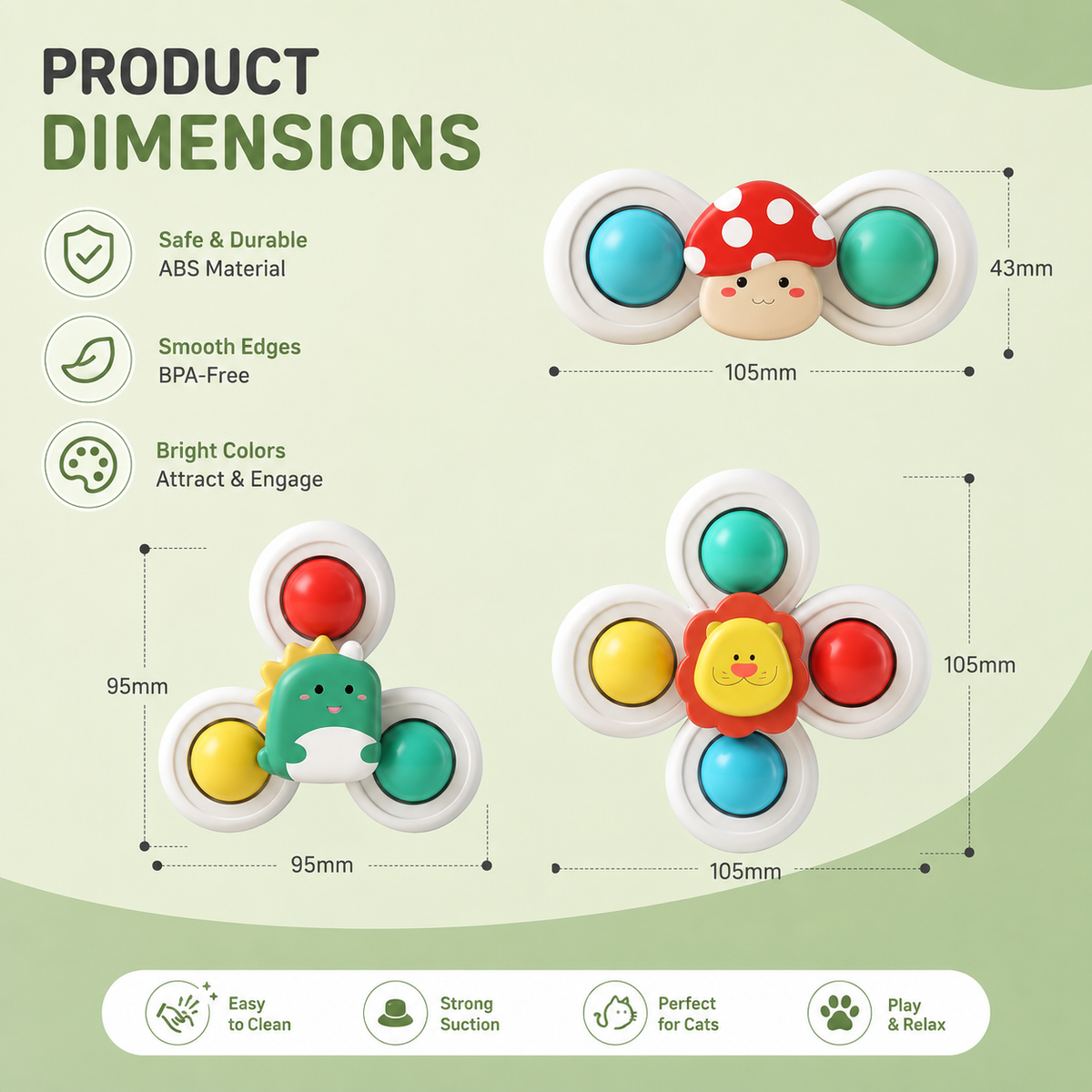 Size diagram of the Noblias suction cup cat spinner toys with the width and height of each shape marked