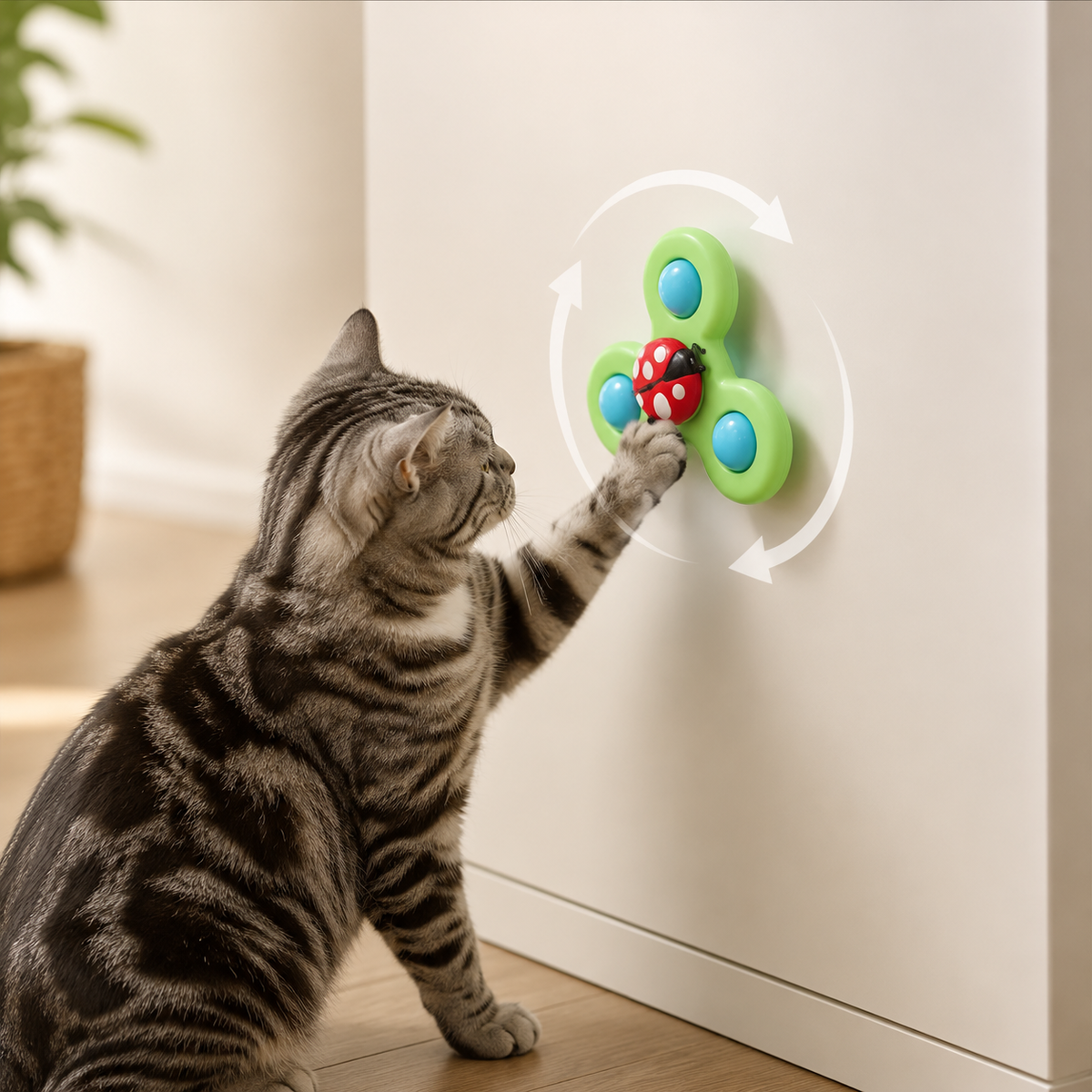 Tabby cat standing on its hind legs to bat the suction cup cat spinner toy mounted on a white wall