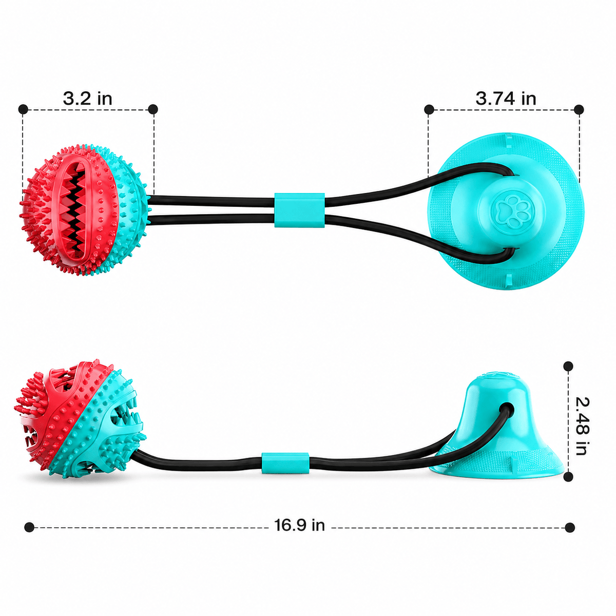 Dimension diagram for the Noblias suction cup dog chew toy giving a 3.2 inch ball, a 3.74 inch cup and 16.9 inches overall.