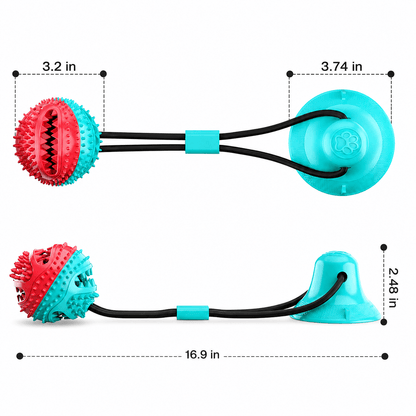 Dimension diagram for the Noblias suction cup dog chew toy giving a 3.2 inch ball, a 3.74 inch cup and 16.9 inches overall.