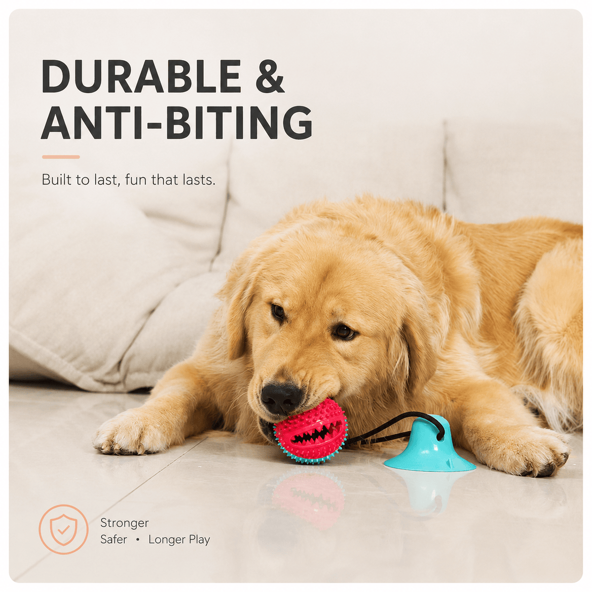 A golden retriever chewing the Noblias suction cup dog toy, labeled durable and anti-biting for longer play.