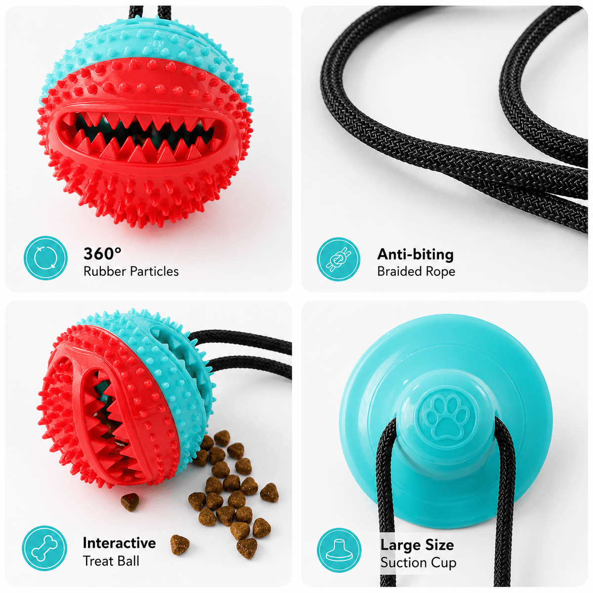 Four panels showing the Noblias chew toy's 360 degree rubber particles, anti-biting braided rope, treat ball cavity and large suction cup.
