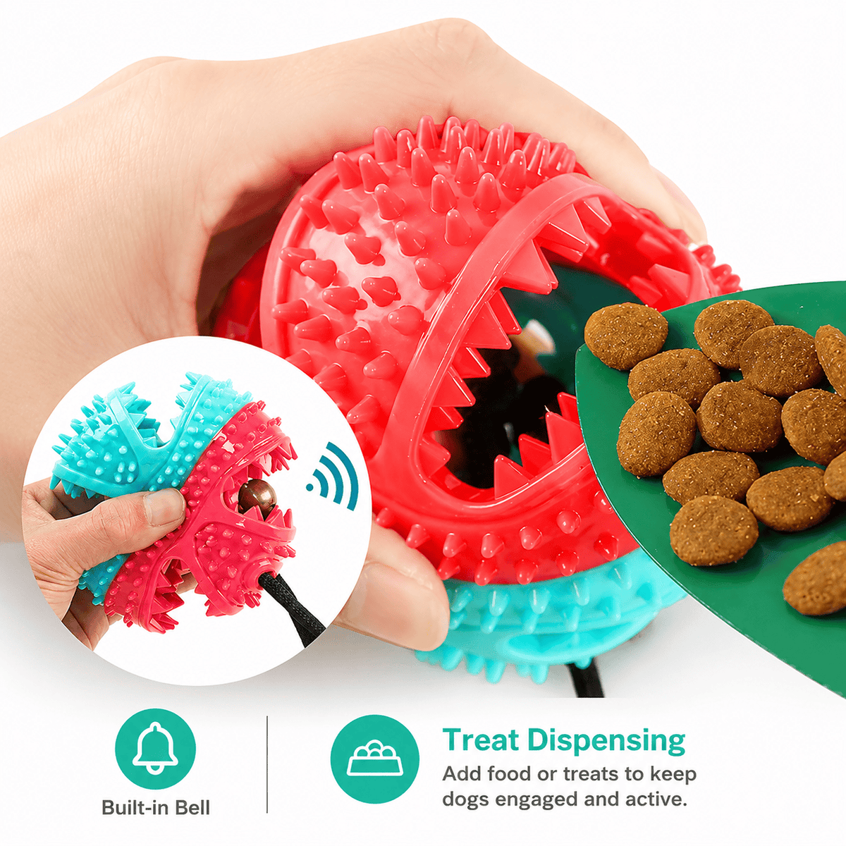 Kibble being loaded into the hollow center of the Noblias chew ball, which also holds a built-in bell.