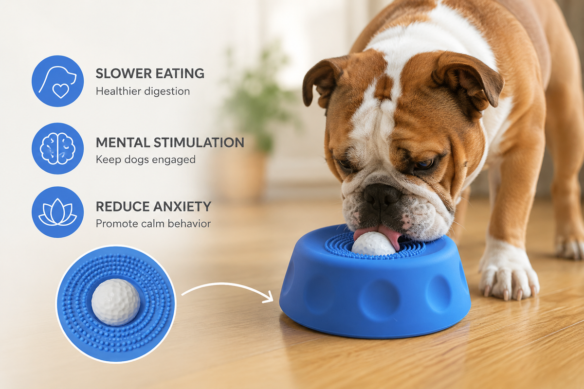 English bulldog licking the blue suction dog lick bowl with a close-up of the rolling ball in the bristle ring.