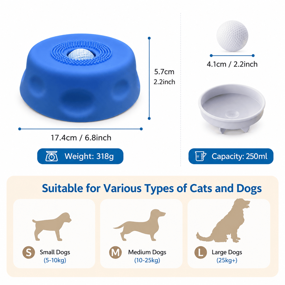 Blue suction dog lick bowl with its 17.4 cm width, 5.7 cm height, 4.1 cm ball, 318 g weight and 250 ml capacity marked, for small, medium and large dogs.