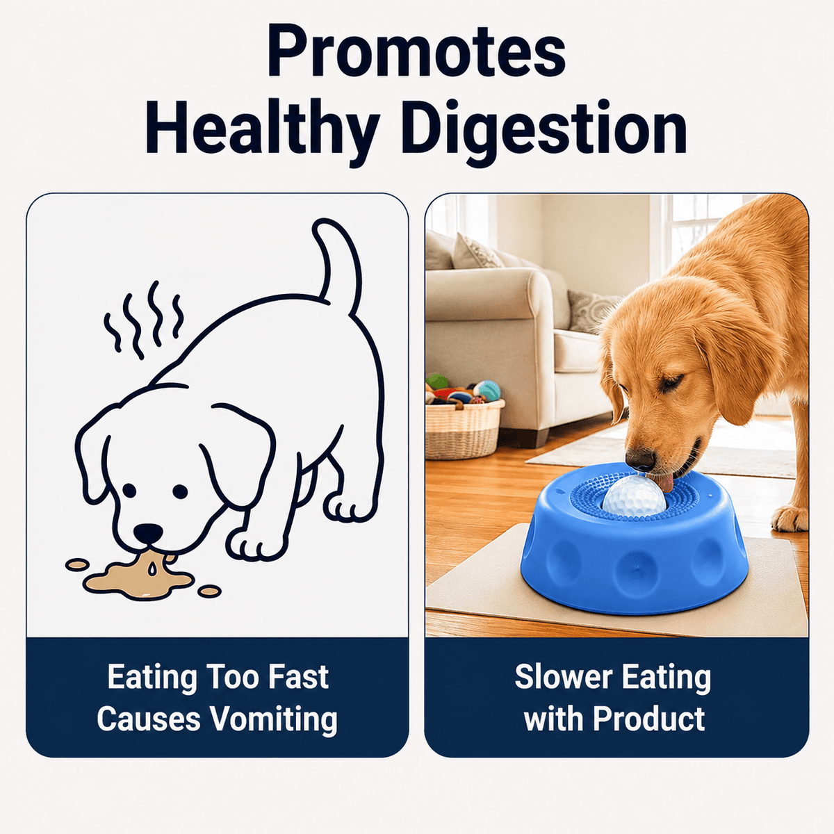 Cartoon of a puppy eating too fast beside a golden retriever licking the blue suction dog lick bowl.