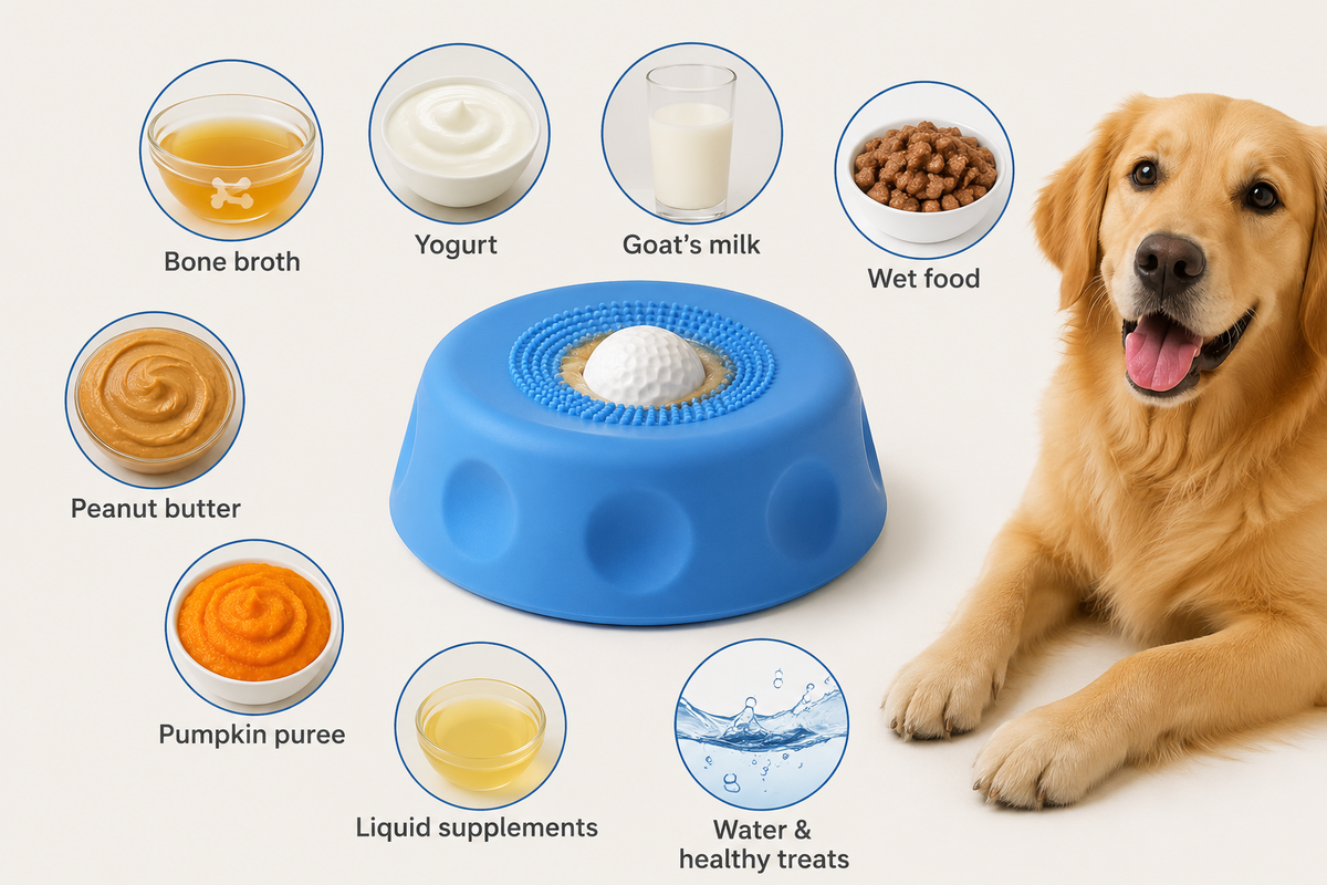 Blue suction dog lick bowl surrounded by bone broth, yogurt, goat milk, wet food, peanut butter, pumpkin puree and supplements, beside a golden retriever.