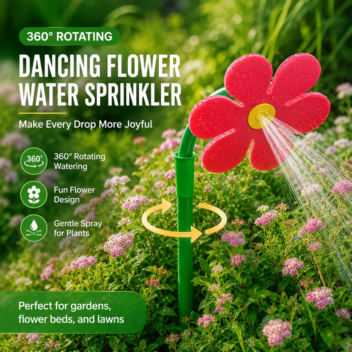 Red sunflower sprinkler for dogs spraying over a flower bed, captioned 360 degree rotating dancing flower water sprinkler.