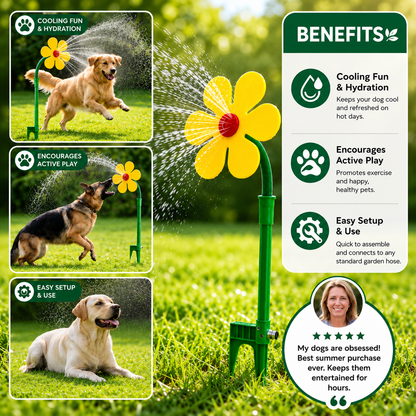 Sunflower sprinkler for dogs with three dogs playing in the spray and cooling fun, active play and easy setup callouts.