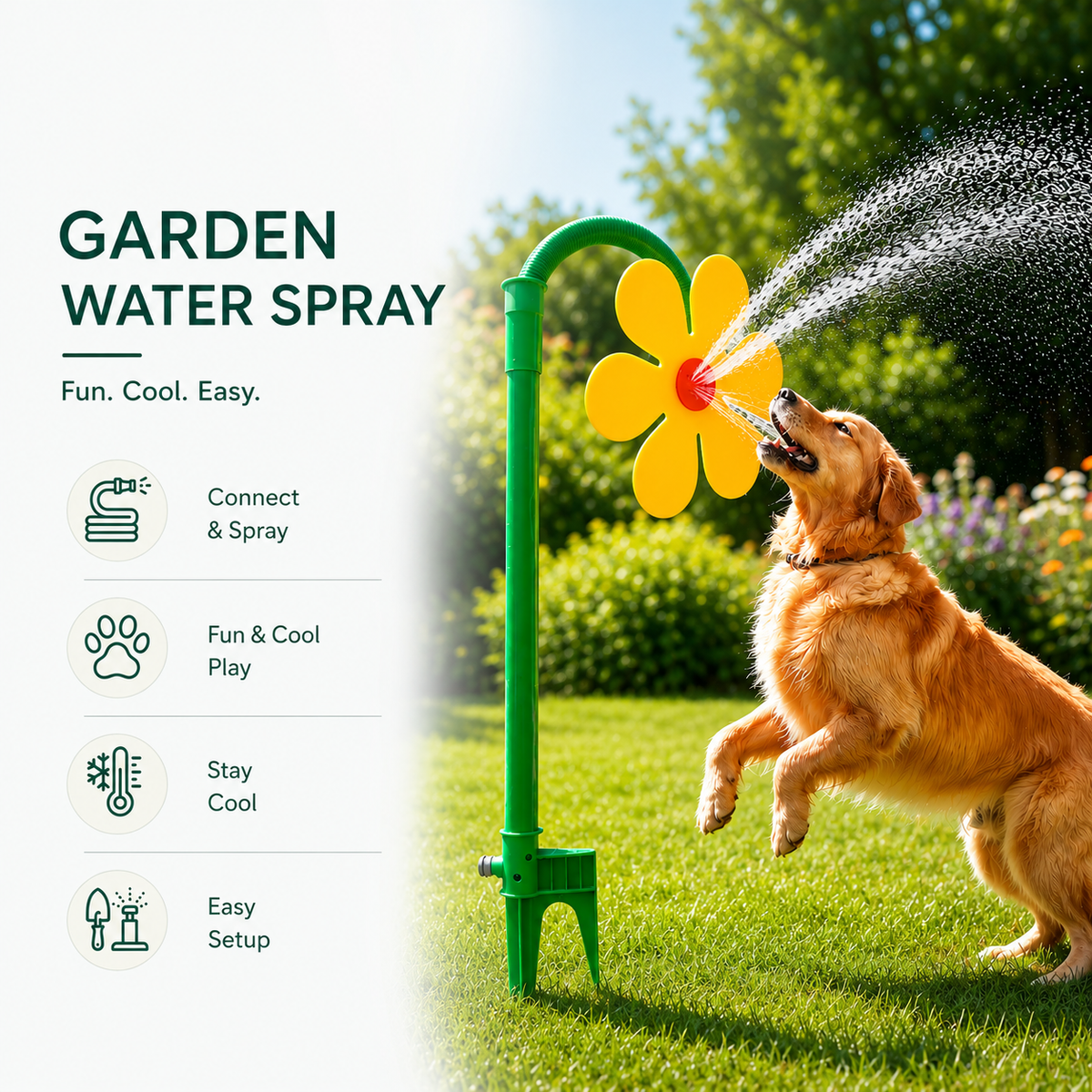 Golden retriever biting the spray of the yellow sunflower sprinkler for dogs, with connect and spray, fun play, stay cool and easy setup icons.