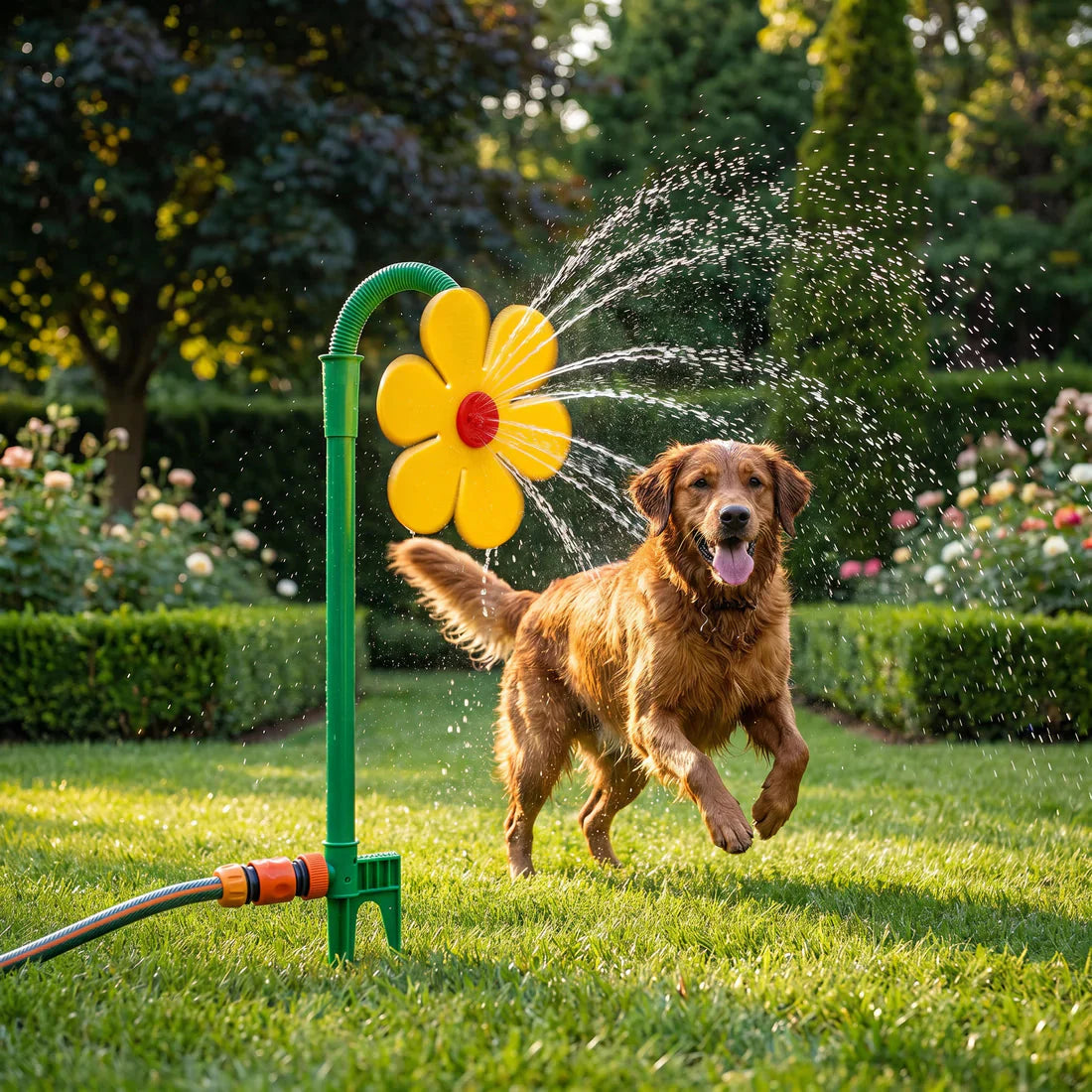 Golden retriever running through the spray of the yellow sunflower sprinkler for dogs on a lawn.
