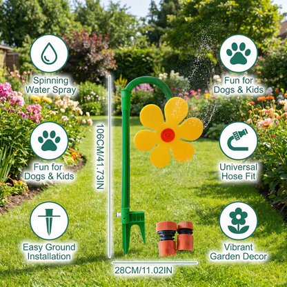 Yellow sunflower sprinkler for dogs on a lawn with its height marked and spinning spray, universal hose fit and ground stake callouts.