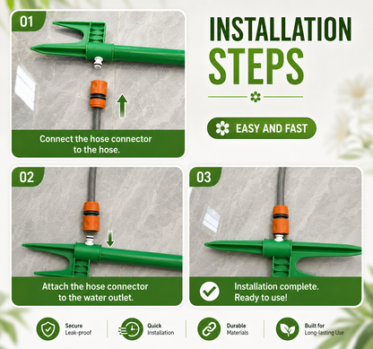 Three installation steps for the sunflower sprinkler for dogs: connect the hose connector to the hose, attach it to the water outlet, ready to use.