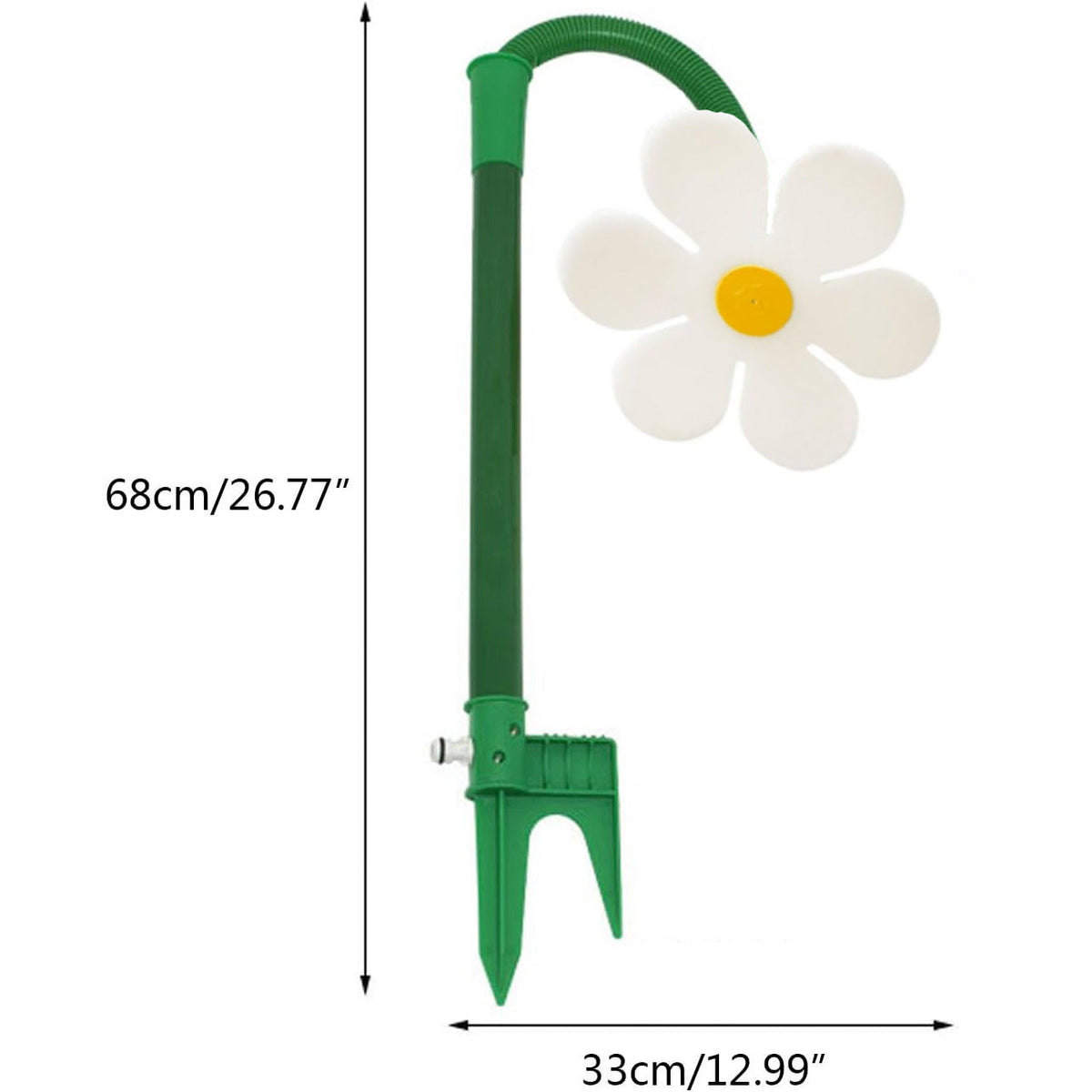 White sunflower sprinkler for dogs with its 68 cm height and 33 cm width marked.