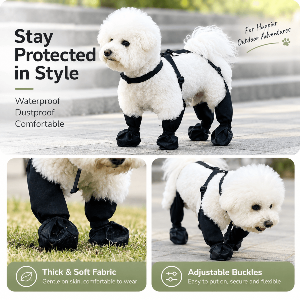 Black suspender dog boots shown on a dog with close-ups of the soft fabric and adjustable buckles.