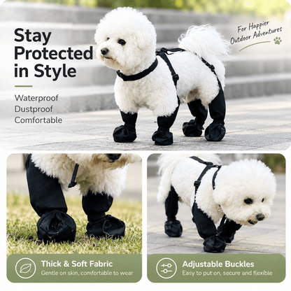 Black suspender dog boots shown on a dog with close-ups of the soft fabric and adjustable buckles.