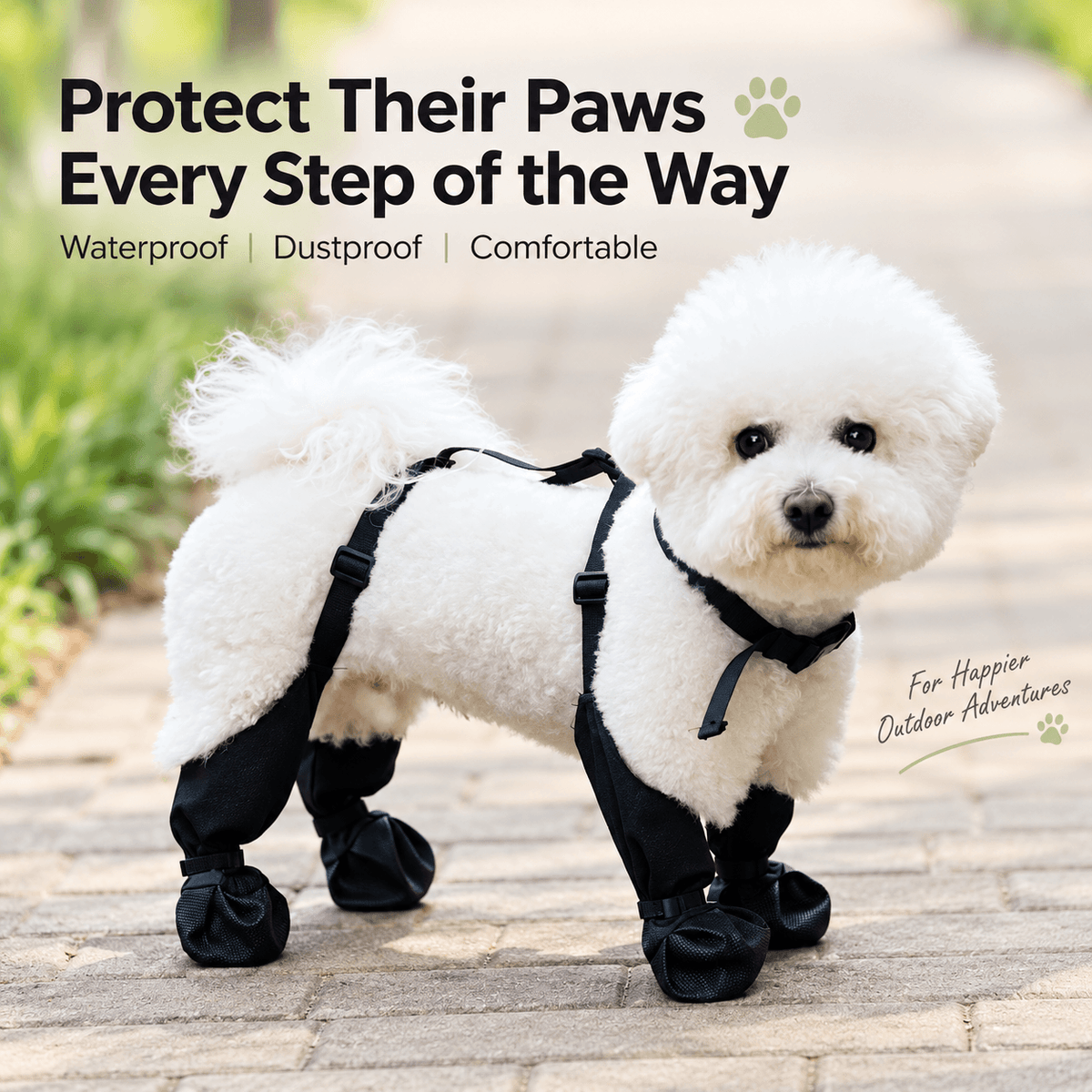 Side view of a white dog on a brick path wearing black suspender dog boots that cover the lower legs.