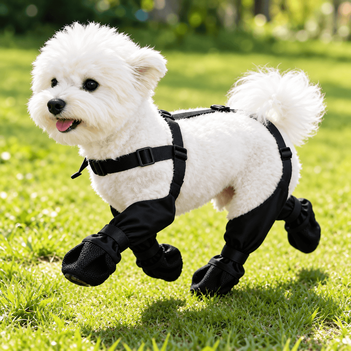 Fluffy white dog trotting across grass in black suspender dog boots with straps over its back.