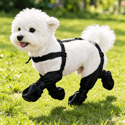 Fluffy white dog trotting across grass in black suspender dog boots with straps over its back.