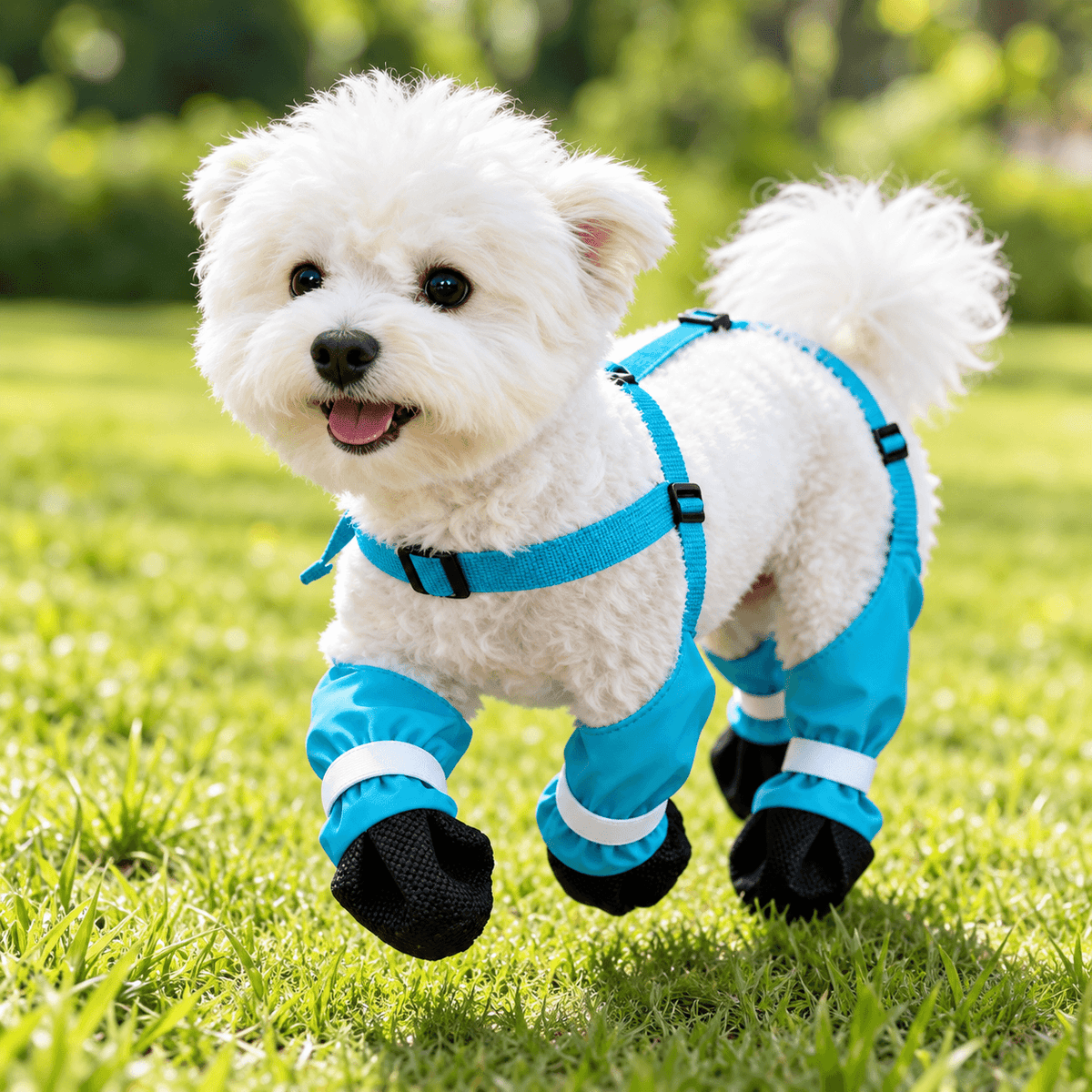 Small white dog standing on grass wearing blue suspender dog boots with reflective bands.