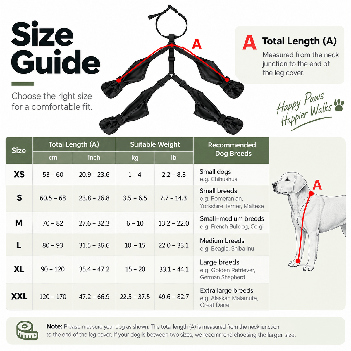 Size guide for the suspender dog boots from XS to XXL measured by total length A, with suggested dog weights.