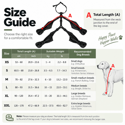 Size guide for the suspender dog boots from XS to XXL measured by total length A, with suggested dog weights.