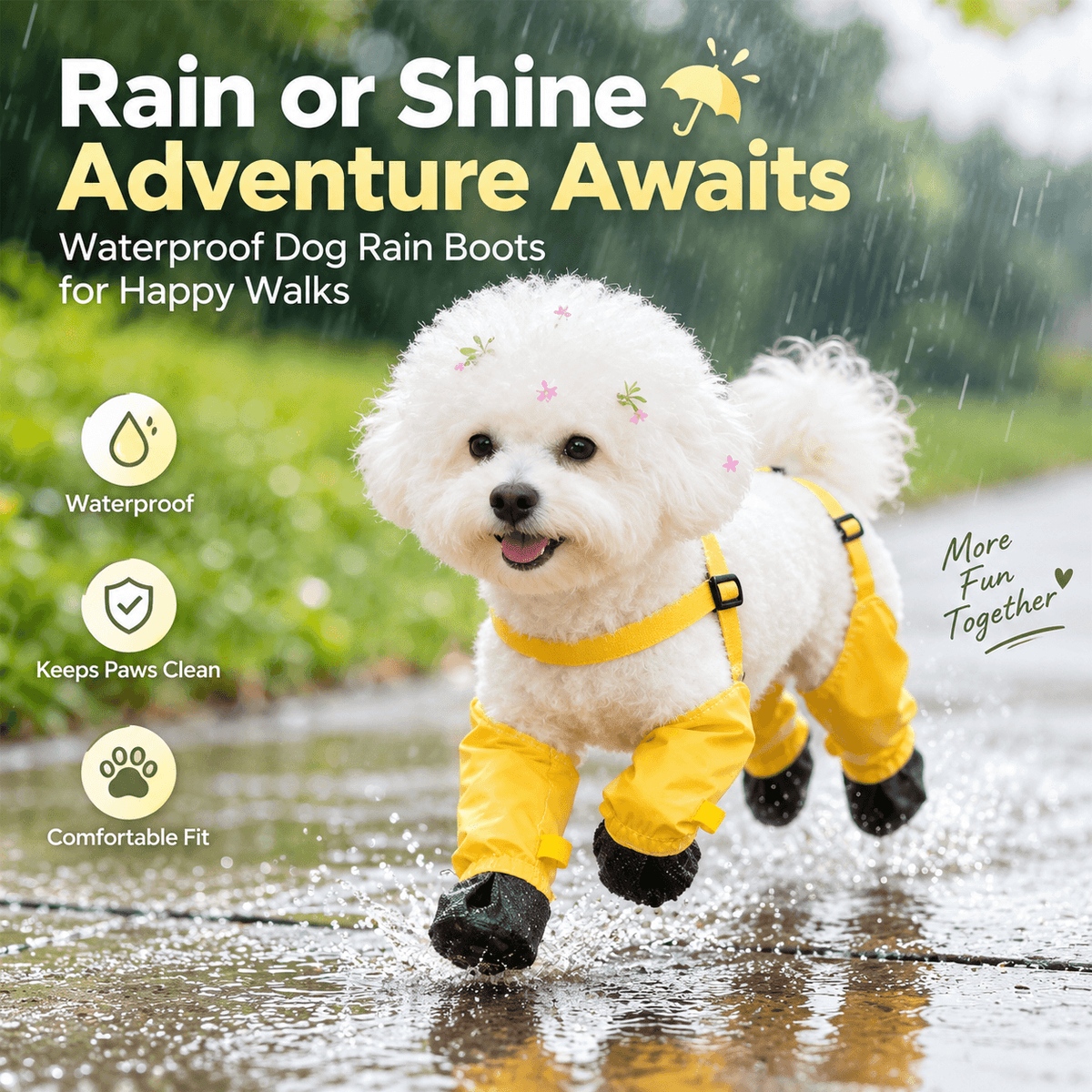 Dog splashing through a rain puddle in yellow suspender dog boots with rainy-walk feature icons.