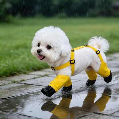 Small white dog stepping through a puddle with yellow suspender dog boots covering its paws and legs.