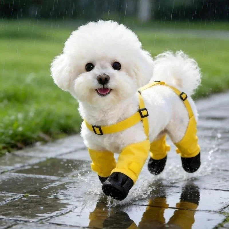 White bichon walking along a wet path wearing yellow suspender dog boots with black soles.