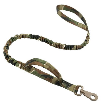 Camo tactical bungee dog leash with two padded handles, bungee section and metal snap hook.