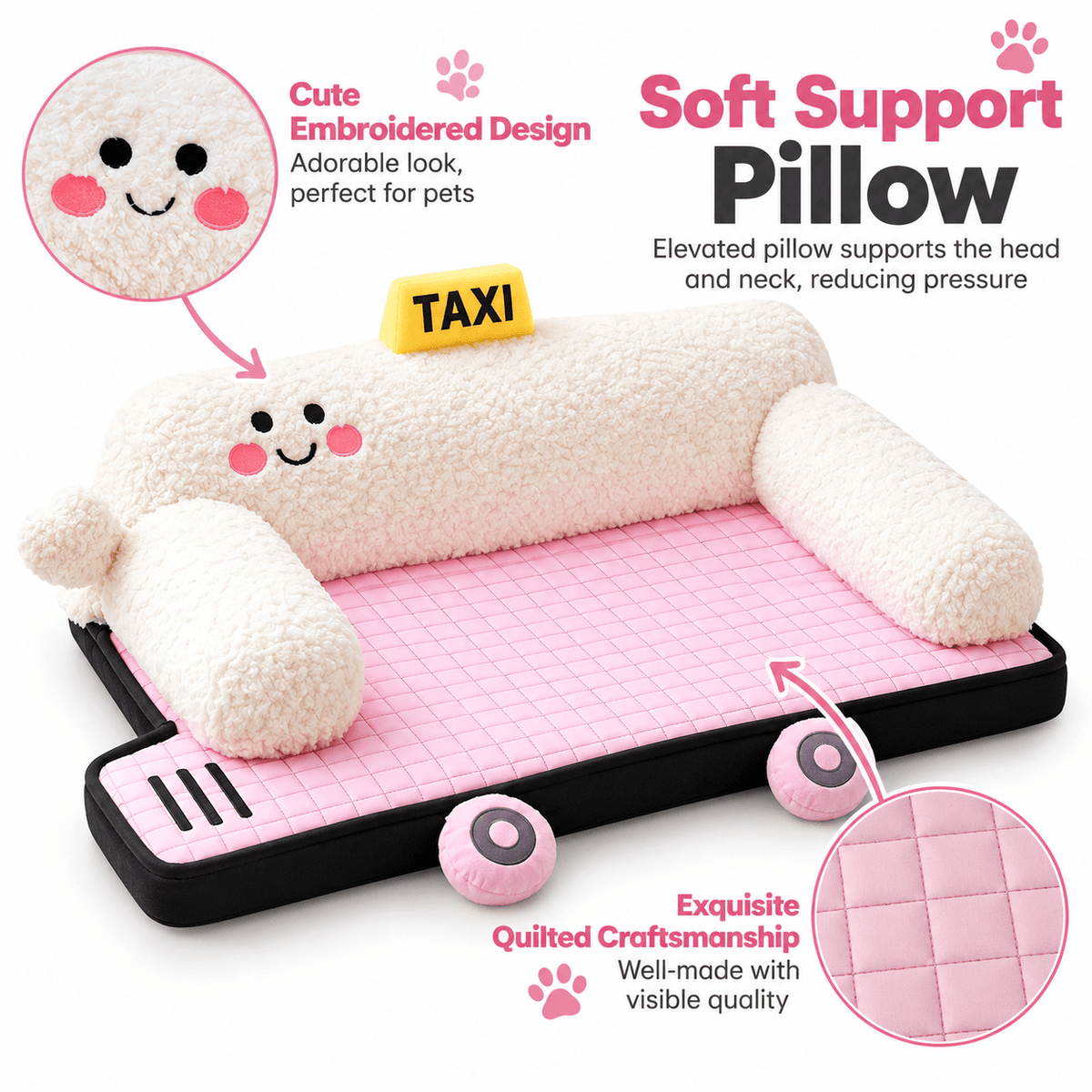 Taxi car shaped pet bed with call-outs of the embroidered smiling face, plush bolster pillow and quilted cushion.