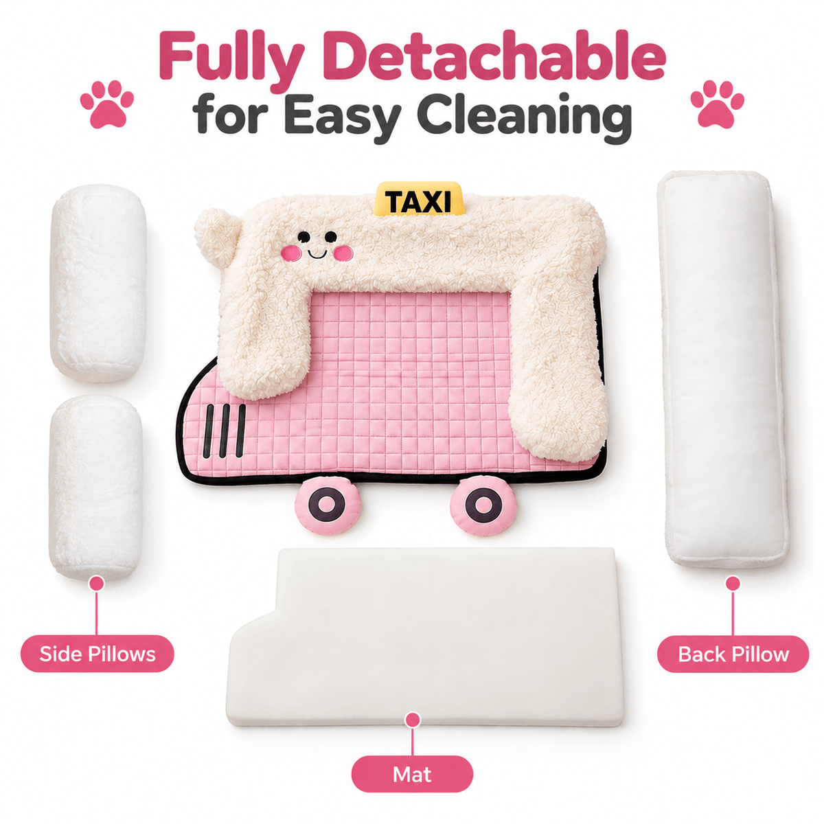 Taxi car shaped pet bed taken apart into its cover, side pillows, back pillow and foam mat for cleaning.
