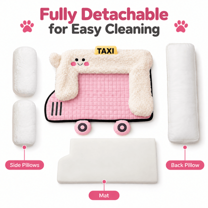Taxi car shaped pet bed taken apart into its cover, side pillows, back pillow and foam mat for cleaning.