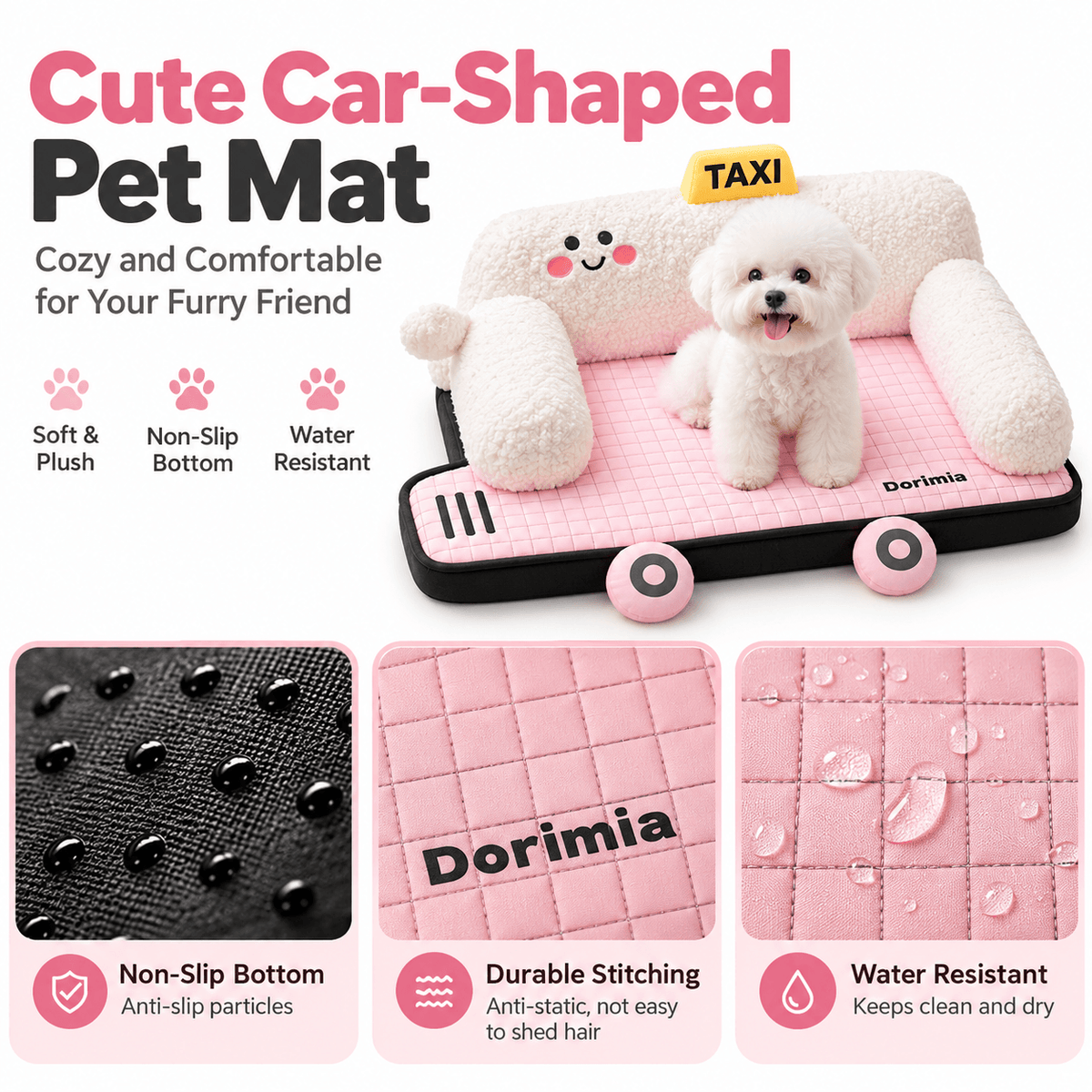 Small dog on the taxi car shaped pet bed above close-ups of the non-slip dotted base, quilted stitching and water-resistant surface.