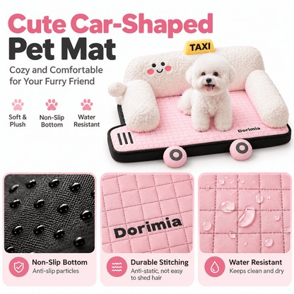 Small dog on the taxi car shaped pet bed above close-ups of the non-slip dotted base, quilted stitching and water-resistant surface.