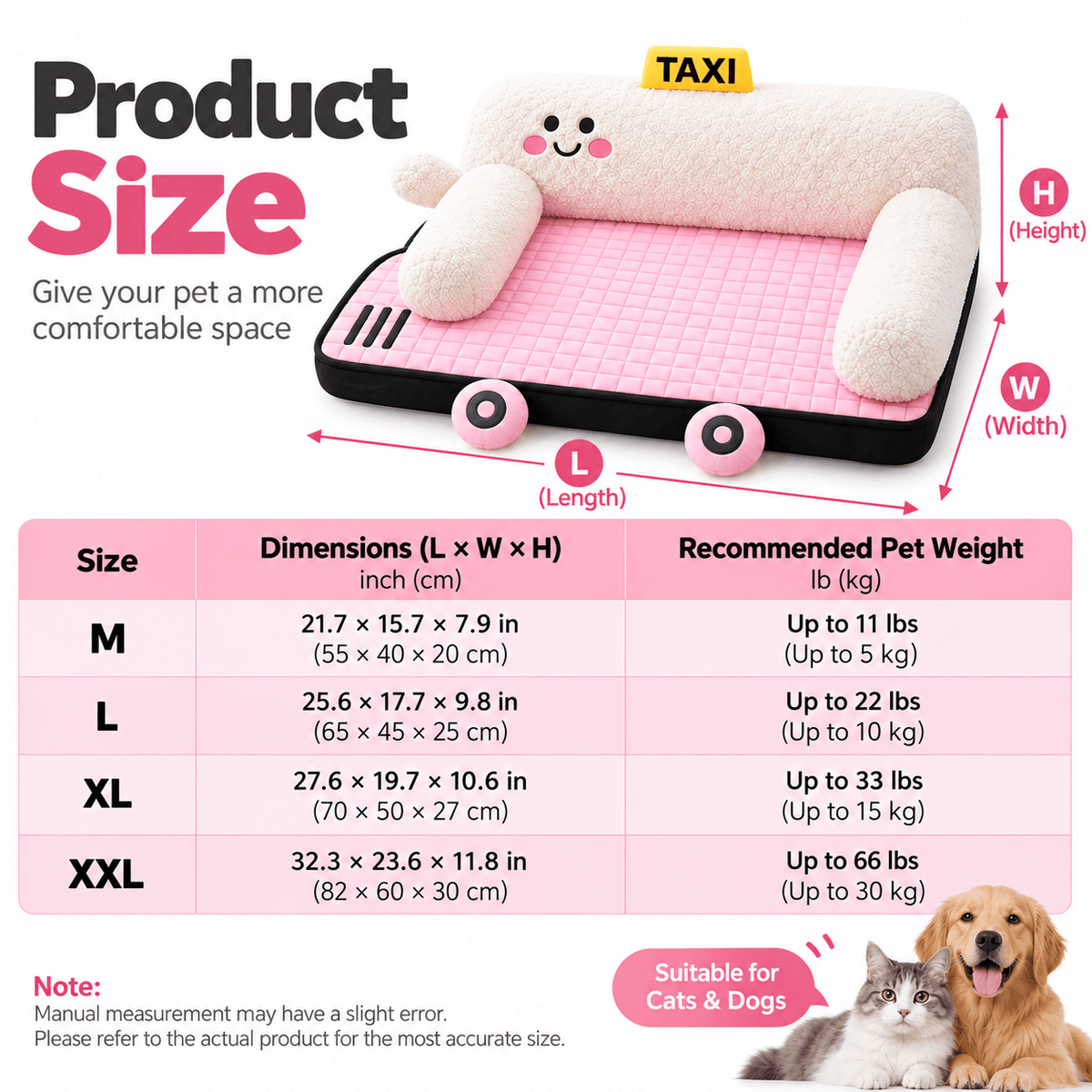Size chart for the taxi car shaped pet bed in M, L, XL and XXL with dimensions and recommended pet weight.