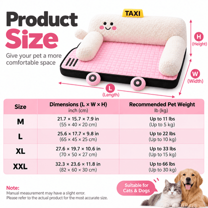 Size chart for the taxi car shaped pet bed in M, L, XL and XXL with dimensions and recommended pet weight.