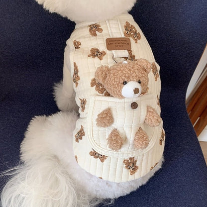 Bear print quilted dog harness vest on a white dog seen from above