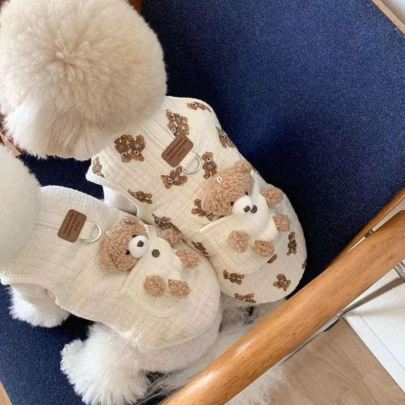 Small white dog sitting on a chair in the bear print dog harness vest