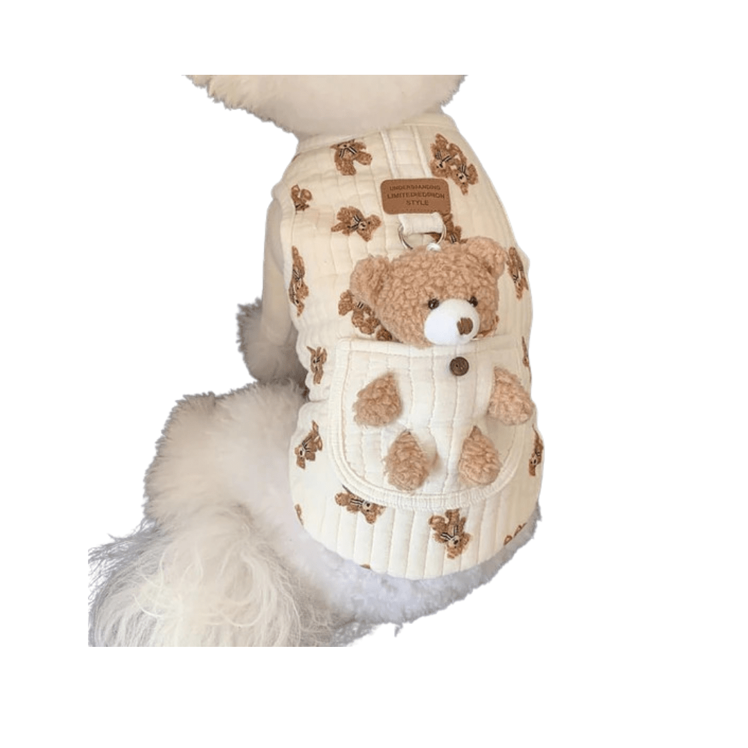 Dog wearing the bear print dog harness vest with a plush teddy bear in the back pocket