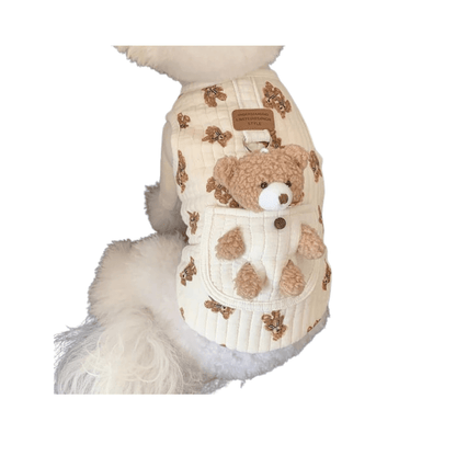 Dog wearing the bear print dog harness vest with a plush teddy bear in the back pocket