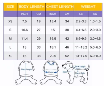 Teddy bear dog harness vest size chart with body length, chest and weight from XS to XL