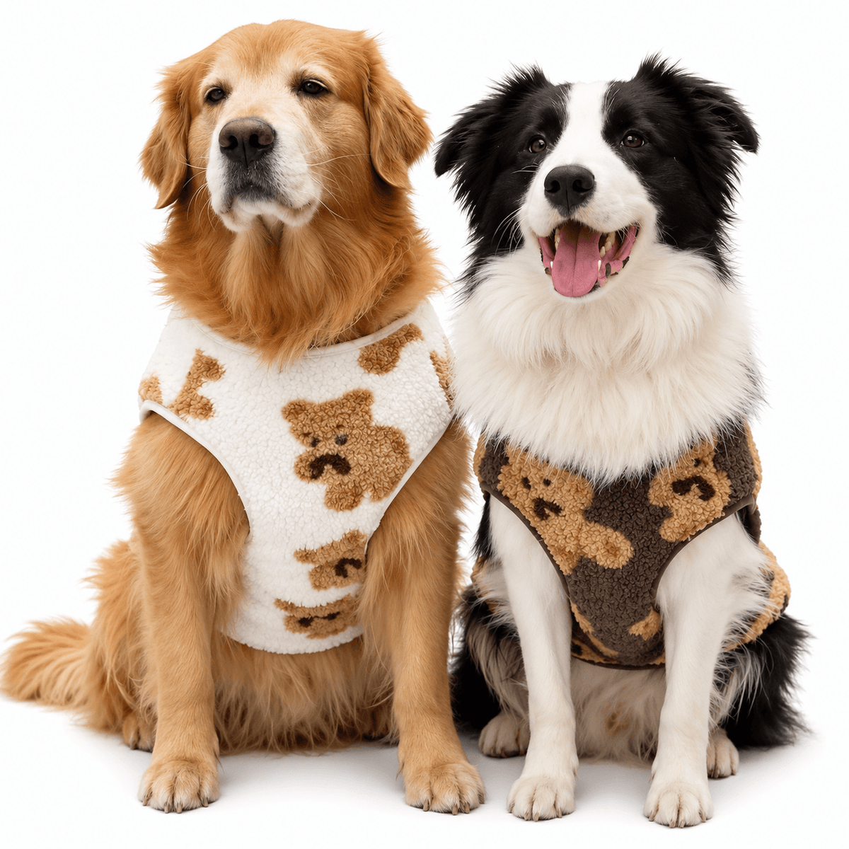 Golden retriever in the white and border collie in the brown teddy bear fleece dog vest on a white background.