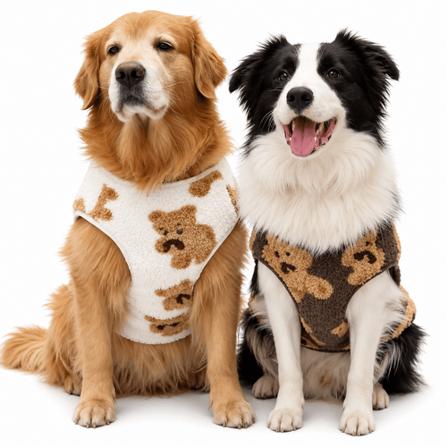 Golden retriever in the white and border collie in the brown teddy bear fleece dog vest on a white background.