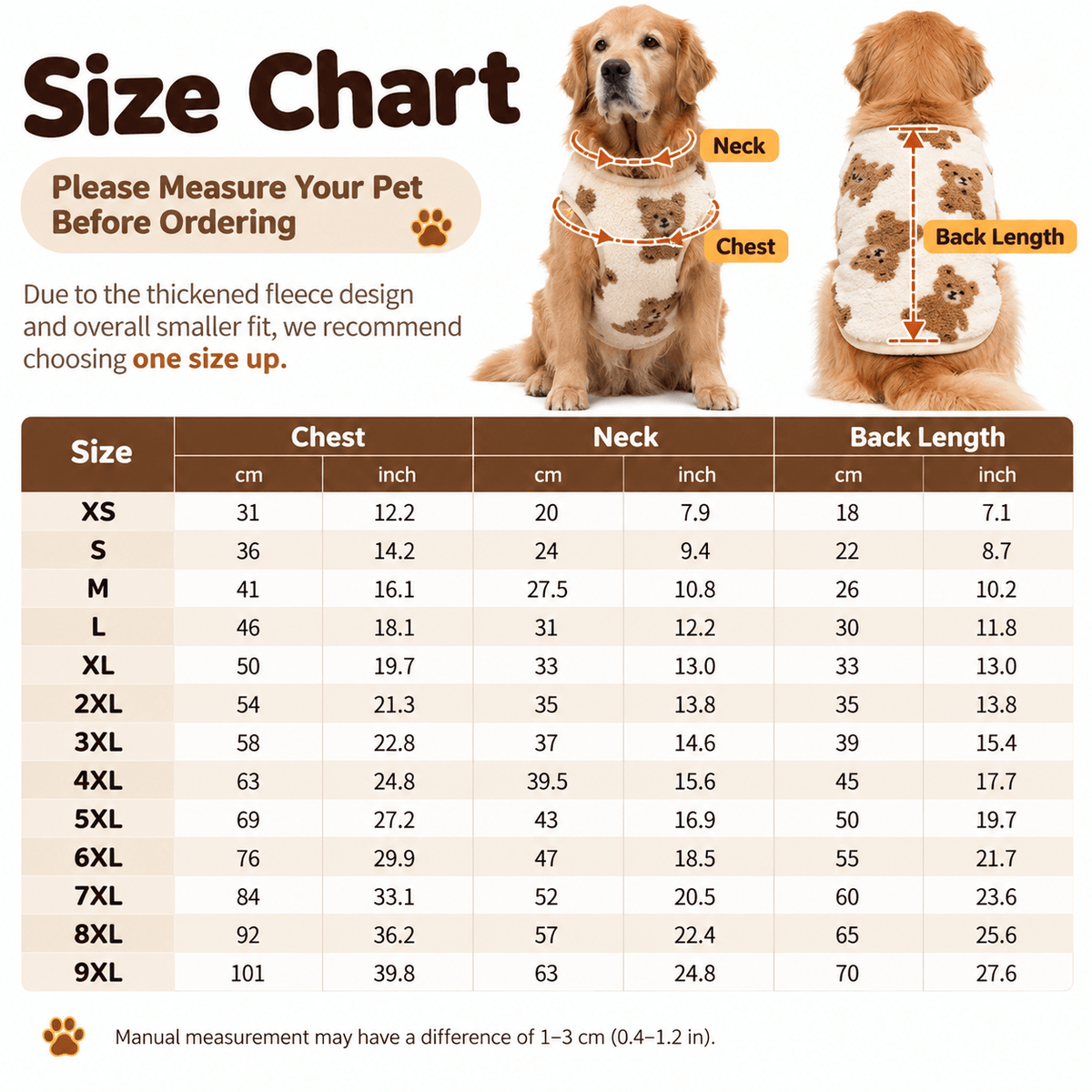 Size chart for the teddy bear fleece dog vest from XS to 9XL with chest, neck and back length.