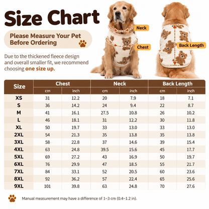 Size chart for the teddy bear fleece dog vest from XS to 9XL with chest, neck and back length.