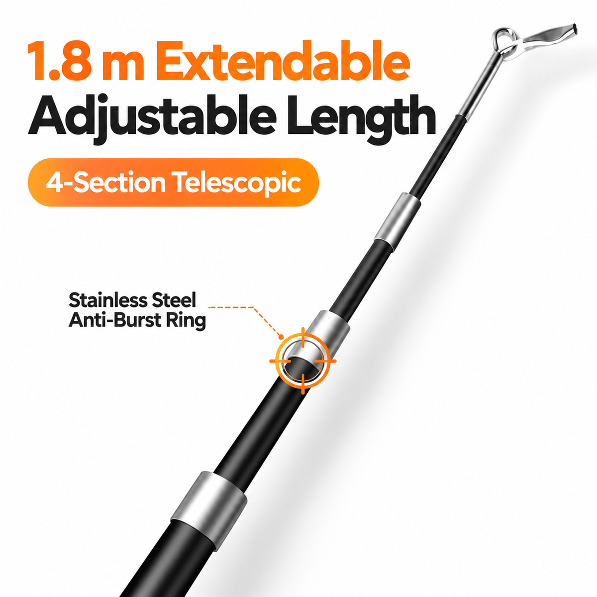 Close-up of the telescopic feather cat wand's 4-section rod with its stainless steel anti-burst ring.