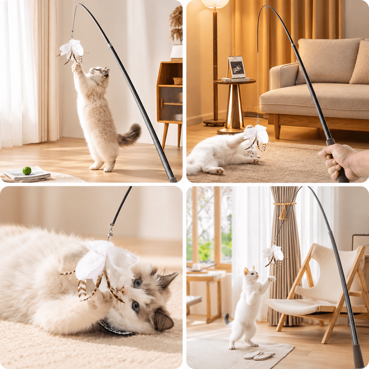 Four photos of cats leaping, crouching and batting at the telescopic feather cat wand around the home.