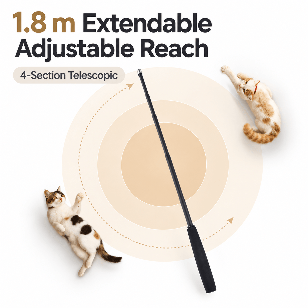 The telescopic feather cat wand sweeping in an arc as two cats leap after the feathers.