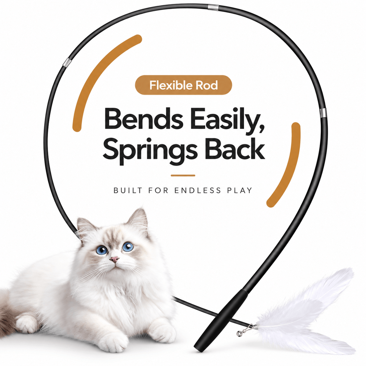 The telescopic feather cat wand's flexible rod bent into a loop above a white ragdoll cat.